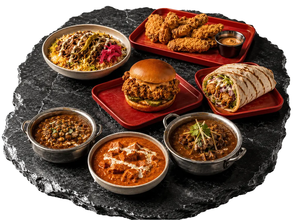 AL Chick menu spread with fried chicken, smash burger, loaded wrap, biryani and desi curries